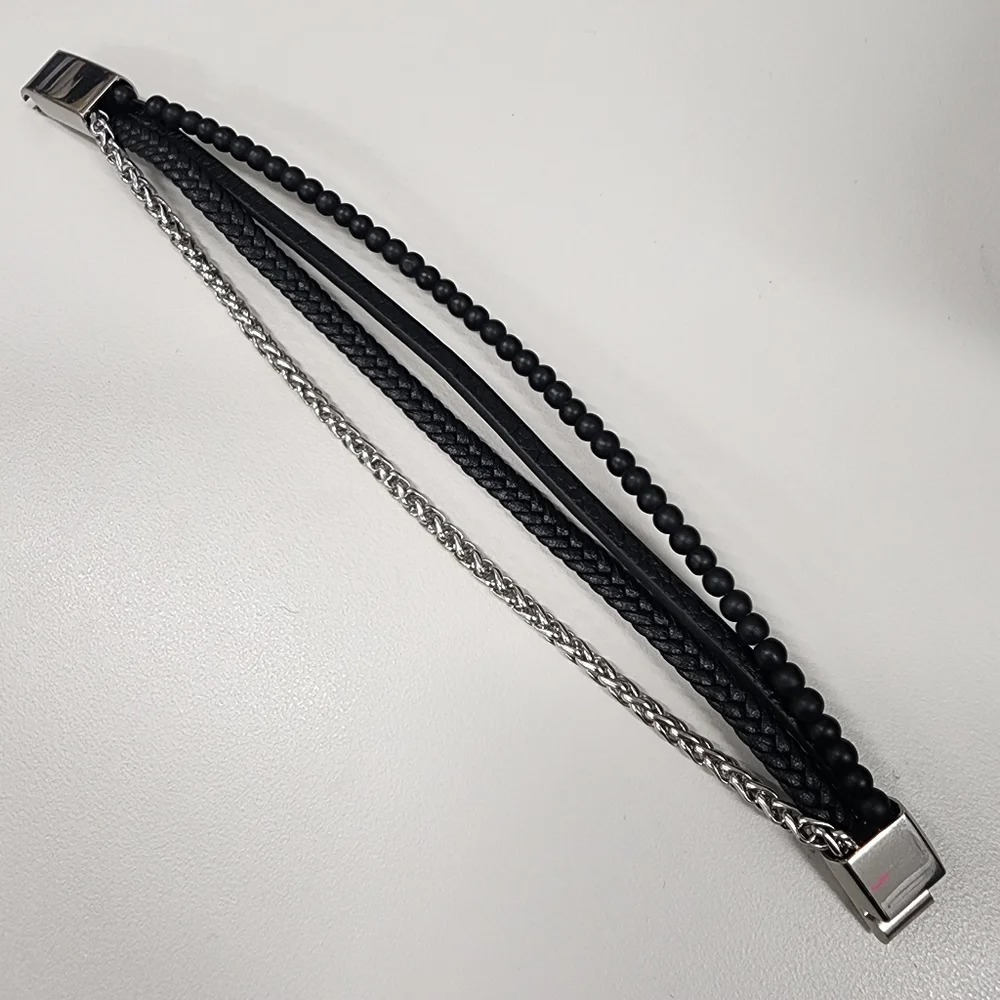 Multi-Strand Stainless Steel & Black Braided Beaded Faux Leather Bracelet Unisex